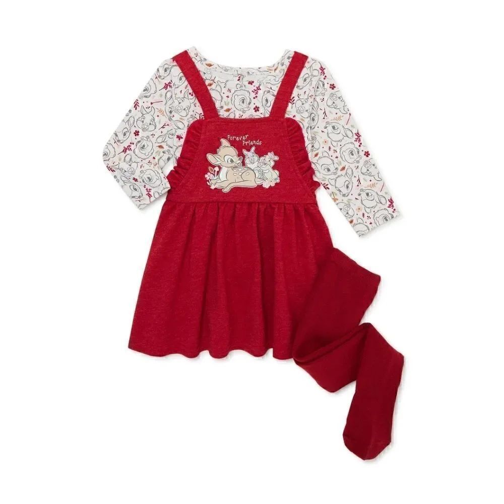Nwt Disney Bambi Baby Girls Pinafore Dress, Top withLong Sleeves and Tights Set